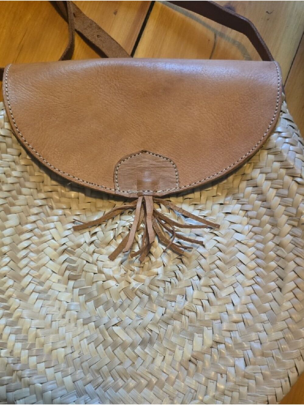 Woven Straw Circle Adjustable Crossbody Bag with Tan Leather Tassel Flap - Picture 8 of 10